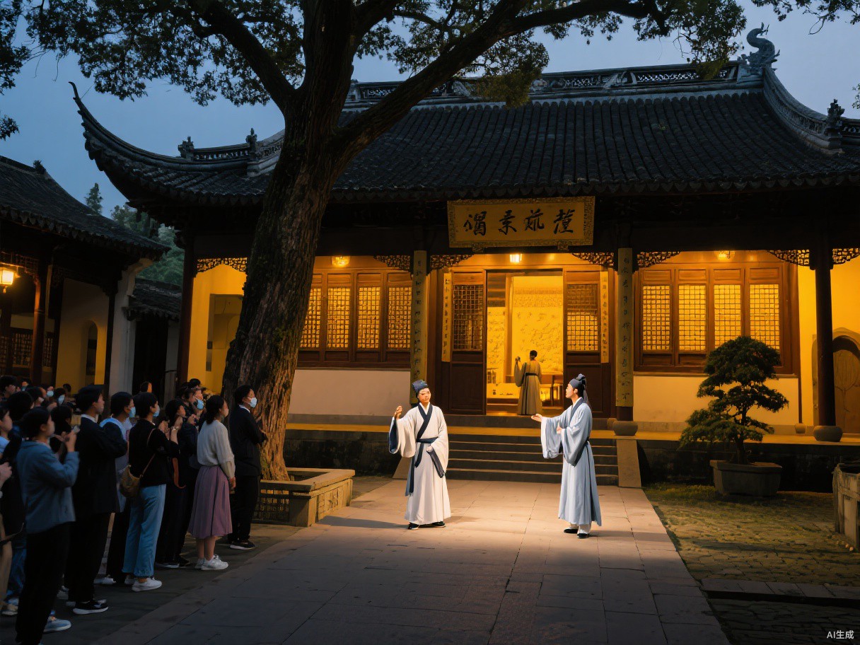 沉浸式导览剧《宣南往士》在宣南文化博物馆长椿寺古建庭院中的演出现场
