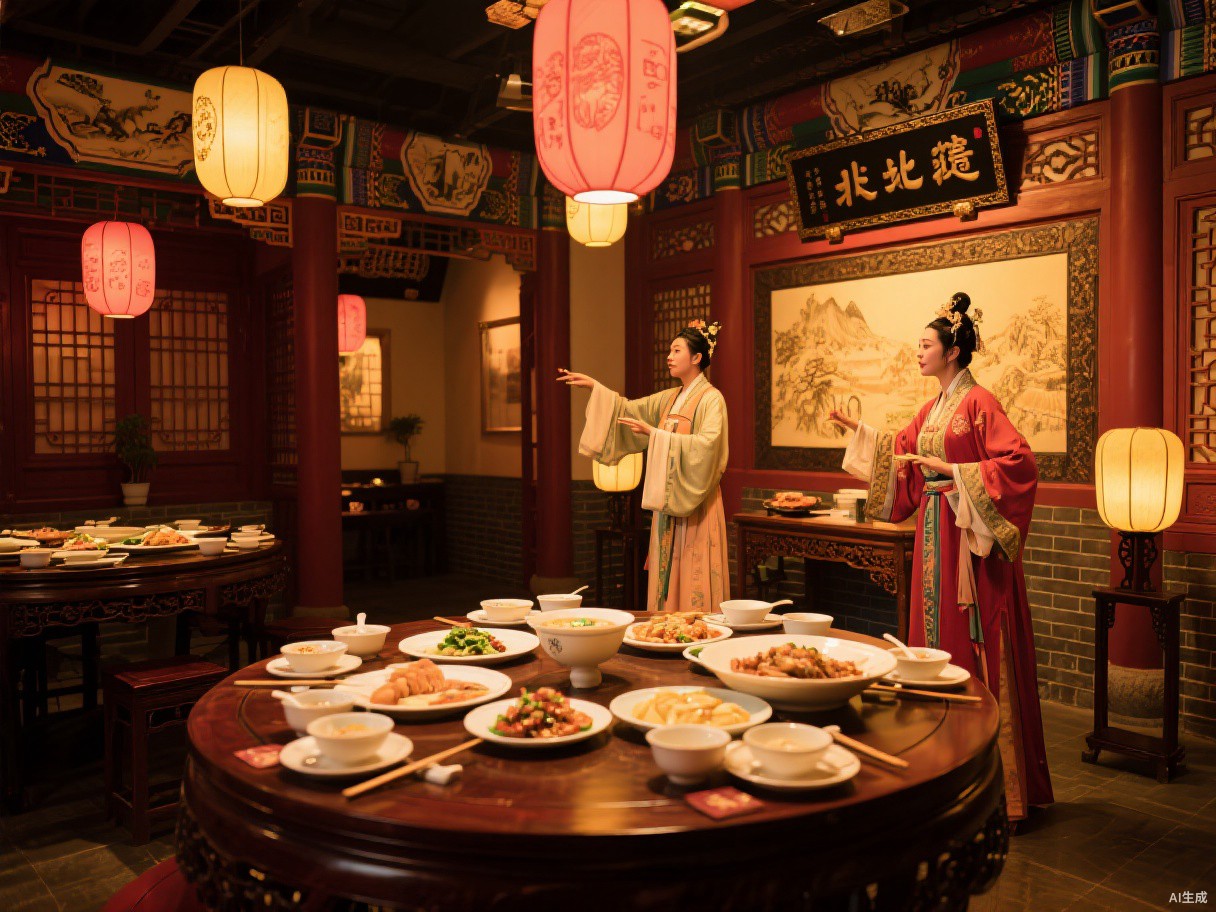 “非遗餐厅品非遗”活动现场，老字号餐厅中的传统菜肴与沉浸式戏剧表演